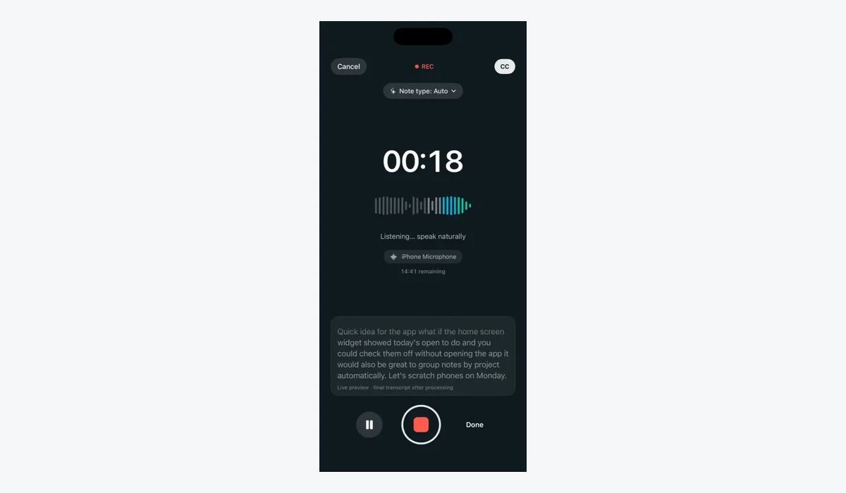 VoiceWork recording on iPhone with a live preview of the words being spoken