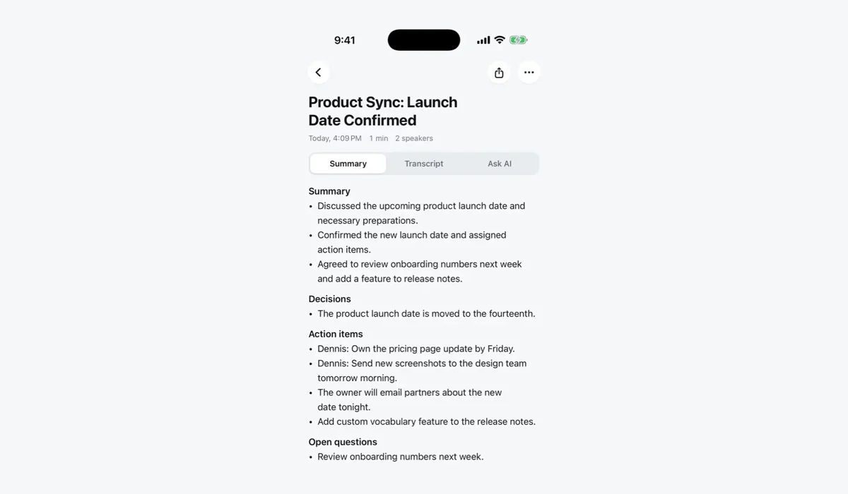 A VoiceWork note on iPhone with a short summary and to-dos