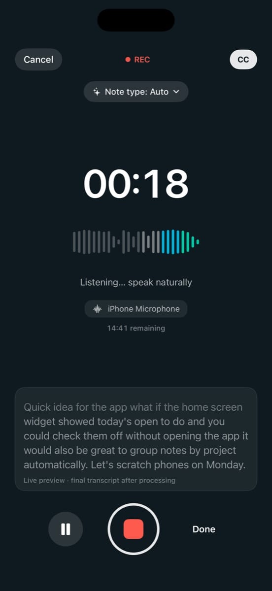 Recording on iPhone, with a live preview of the words as you speak