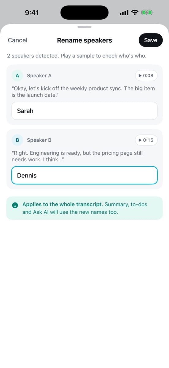 Cambio de nombres de participantes en iPhone