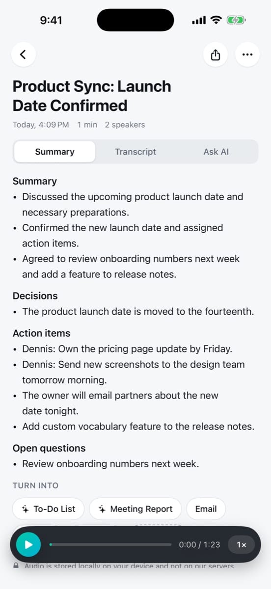 Summary screen of a finished note