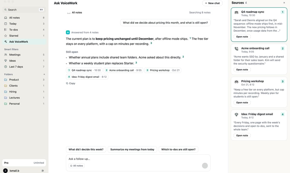 Ask VoiceWork on Mac, answering from four notes with sources