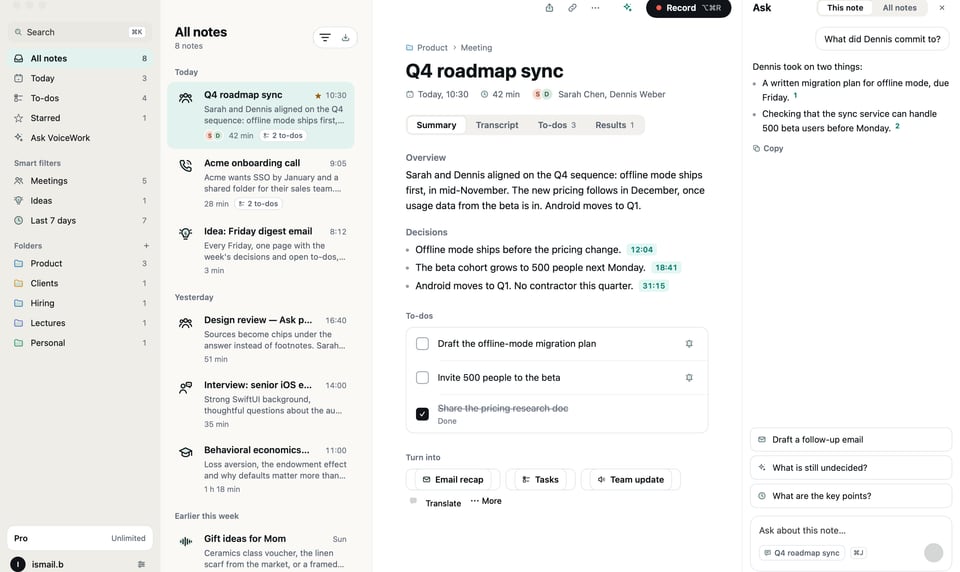 VoiceWork for Mac with the Q4 roadmap sync note open: overview, decisions and to-dos